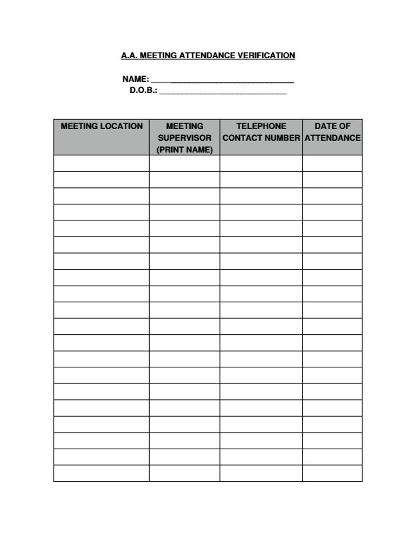 A.A. Meeting Attendance Verification &ndash; first page