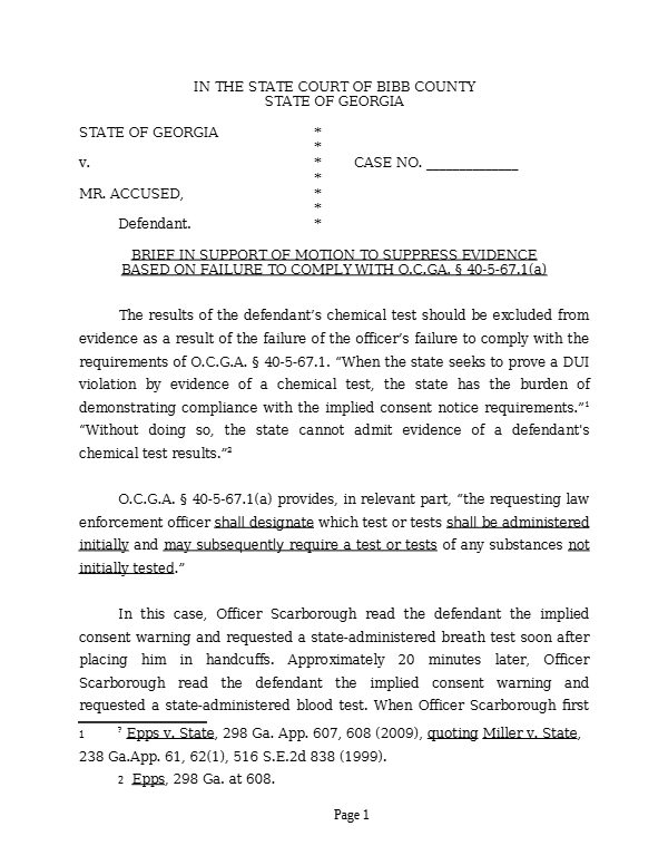 Brief - Motion to Suppress: Failure to Complete the Test First Requested – first page