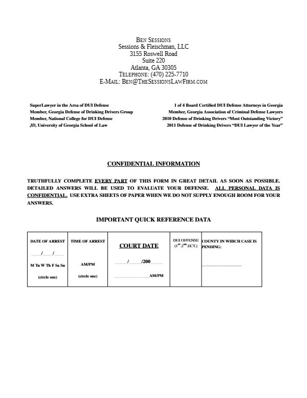 DUI New Client Questionnaire &ndash; first page