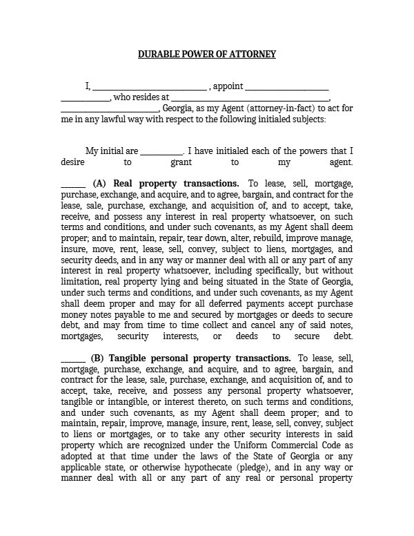 Durable Power of Attorney &ndash; first page
