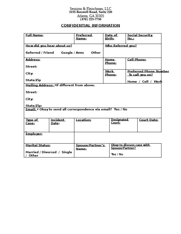 General New Client Intake Form &ndash; first page