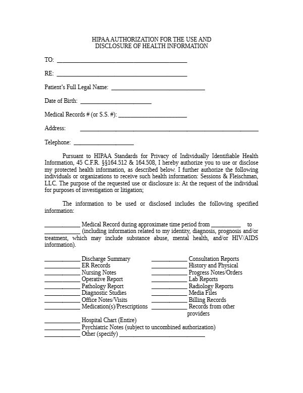 HIPAA Authorization for Release of Health Information &ndash; first page