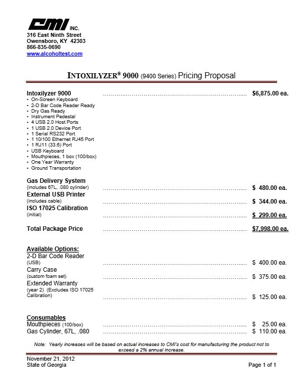 Intoxilyzer 9000 Pricing Proposal (Nov. 21, 2012) – first page