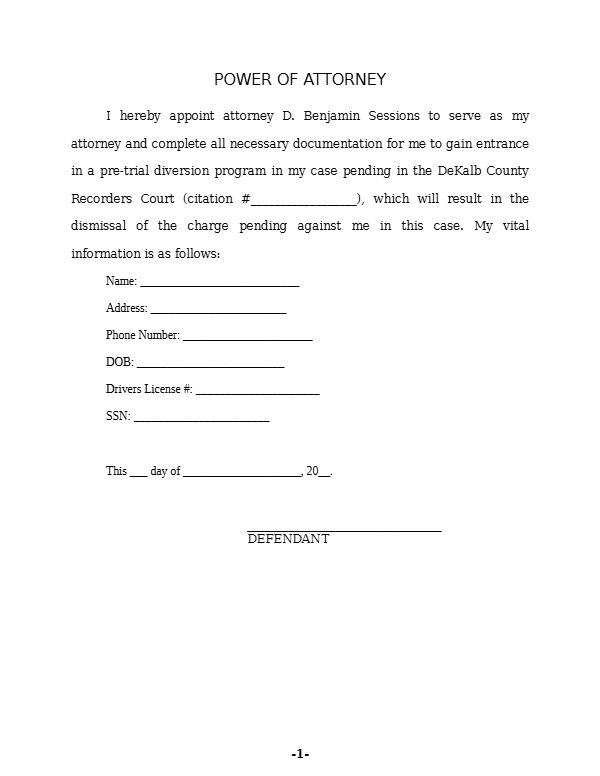 Power of Attorney - Under 21 Pretrial Diversion (DeKalb) &ndash; first page